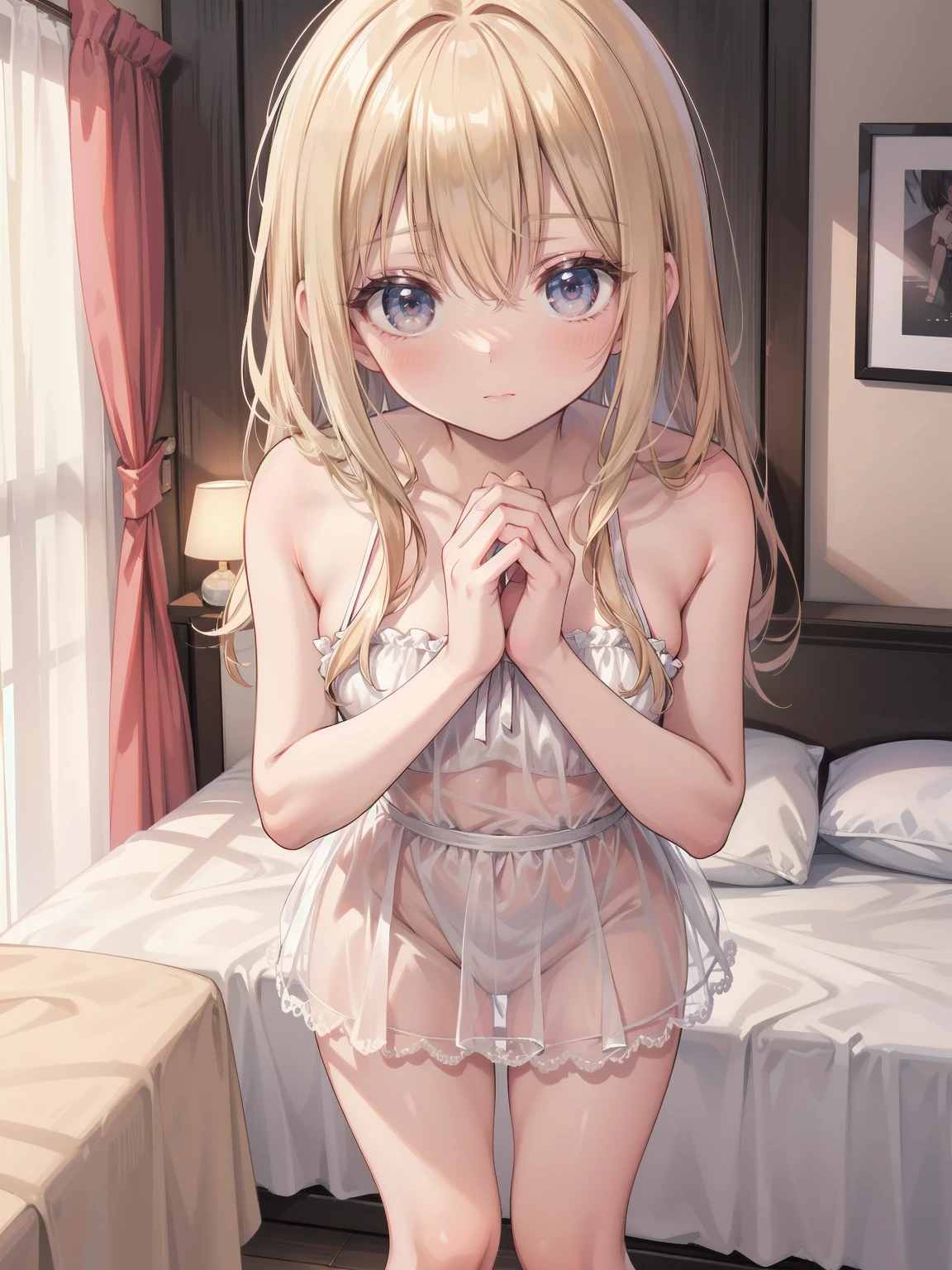 Girl、Child、infant、Blonde、Twin tails、Gothicta、smile、Flat Chest、See-through lingerie、bra、Panties、See-through nipples、See-through、Bedroom、spread legs
