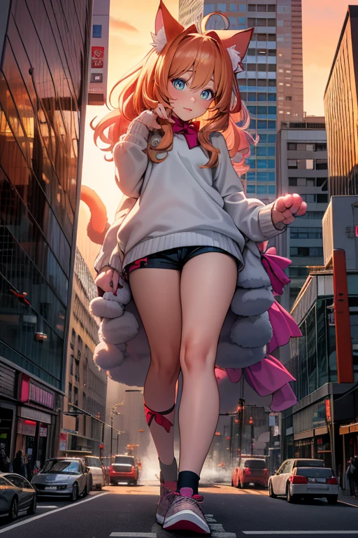 ((Best quality, 8k, Masterpiece :1.3)), 1girl, smiling, full body, slim face, Pretty woman, (pink hair),beige Knitted sweater:1.1, Ultra-detailed face, Detailed eyes, Double eyelid, blur background, slim face, city, outside, street,legs,foot,cameltoe,necklace,Sandals,