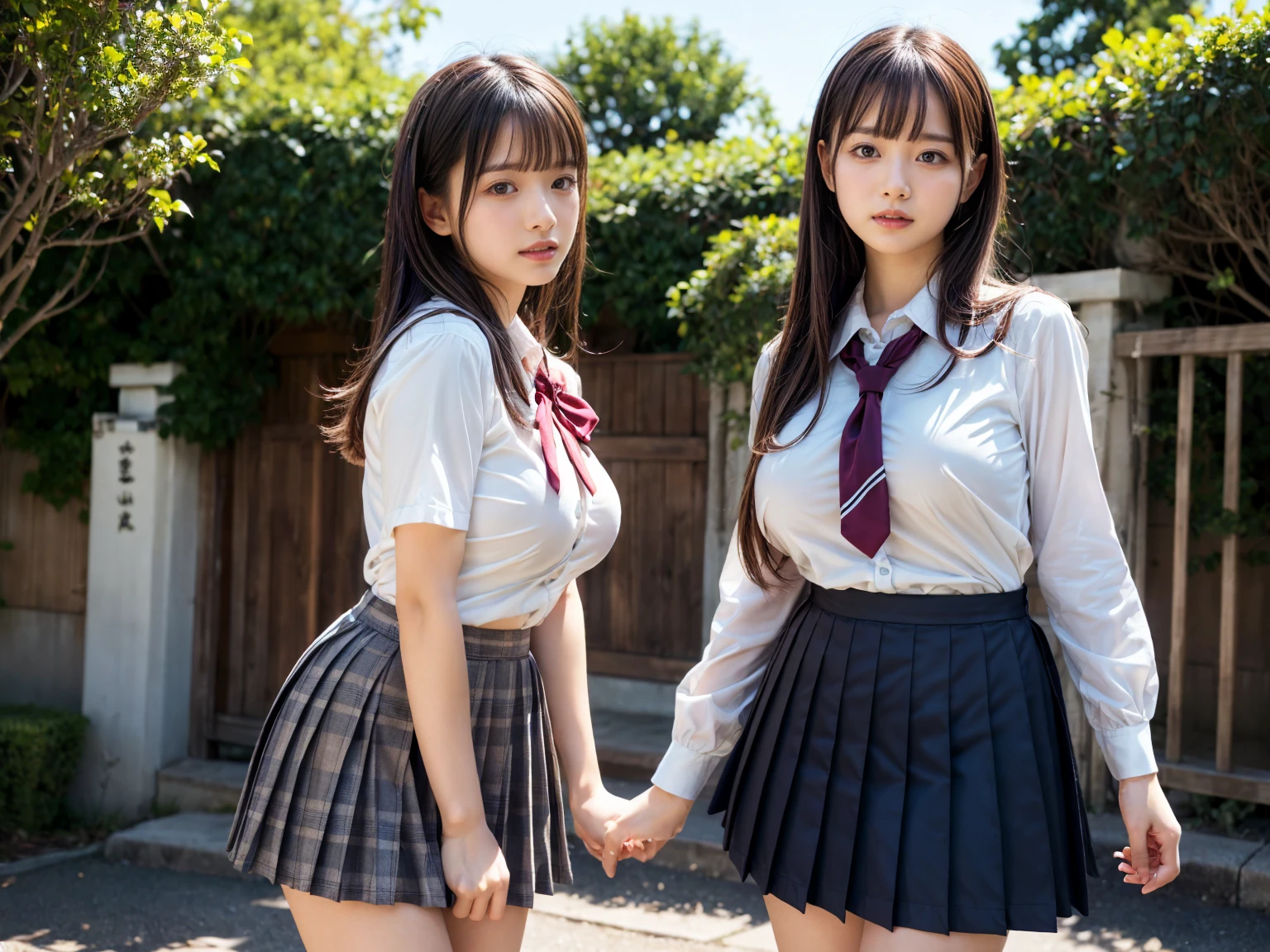 masterpiece, best quality, illustration, Super detailed, fine details, High resolution, 8K,wall paper, perfect dynamic composition,(Details High quality, realistic depiction of eyes:1.3), (2 girls, 2 schoolgirls:1.2), from side, High School Classroom、High school girl uniform、blazer 、Super Short Check Uniform Skirt、Navy blue high socks、garterbelts、Colossal tits、Disturbed uniform, short bob hair, black hair color, huge breasts, Big Natural Color Lip, bold sexy pose, (perfect body shape), crying a little、 Harajuku style、20 year old girl、 beautiful legs, hposing Gravure Idol, Voluptuous thighs