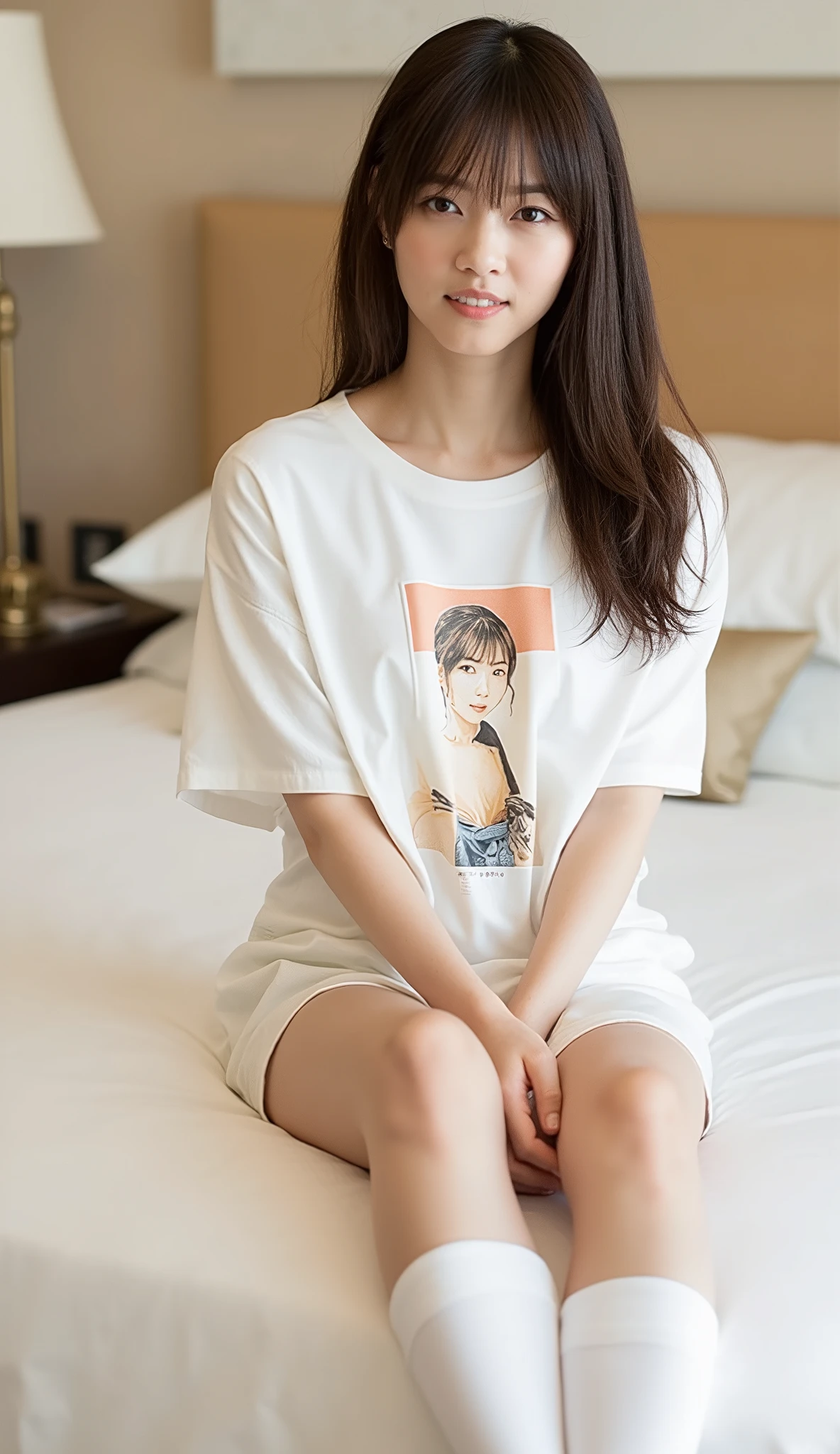 (((very detailed , 8k wallpaper, masterpiece, High resolution, highest quality))), ((Beautiful woman, Model-like posture, acrobatic pose,grunge fashion,wearing a white T-shirt:1.2,)),T-shirt Lift:1.3, show white panties,((very detailed顔, very detailed black eyes, extra detailed body, highest qualityのリアルテクスチャスキン)), (Short Bob Cut Hair, white skin,), (Bedroom wall),Background bedroom, surreal, digital paint,soft lighting