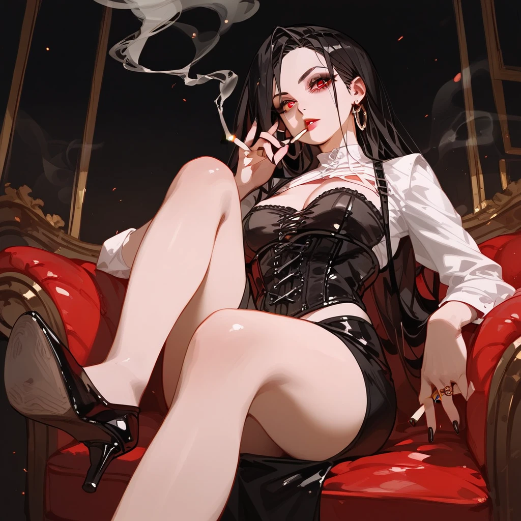 A detective with long black hair with lush and seductive legs, she has black gloves on her hands, her skin is very fair, she has tired eyes and a flower tattoo on her neck, she is about 30 years old and is sitting in a chair reading some reports looking tired