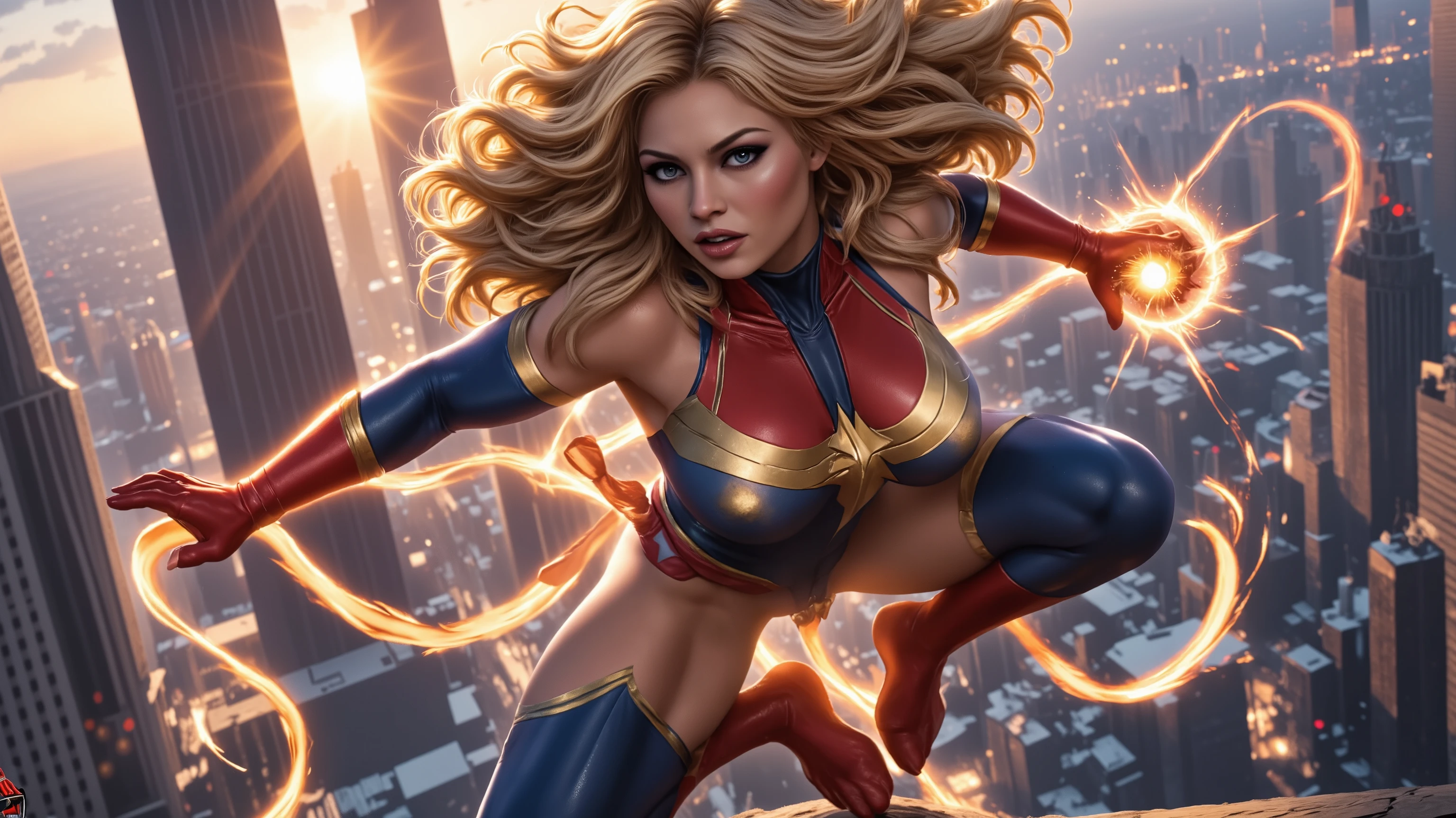 ray tracing, UHD, 16k, masterpiece, cinematic, photorealistic, award winning, marvel comics character, ms marvel, voluptuous, athletic, beautiful long hair, tight clothes, skin indentation, confident expression, heroic pose, flying in the air, energy effects, city skyline background, glowing energy powers, cinematic lighting, dramatic shadows, comic book art style, digital painting