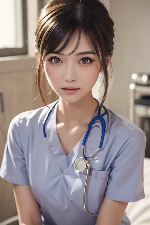 (masterpiece:1.3)、Super detailed finish、(High resolution、8k:1.3)、(highest quality)、(Super realistic like a photo:1.3)、professional portrait、professional writing、correct limbs、anatomically correct, The face is in focus、(close up on face:1.3)、 ultra high definition face、Face is in focus、Ultra high definition and beautiful eyes、focused eyes、Eyes are symmetrical:1.3、High-definition and beautiful skin、firm skin、Ultra high definition hair texture、japanese woman、20 years old、very cute, half updo:1.3, nurse、nurse break (White nursing uniform、white nurse uniform:1.3),hospital room, (embarrassed:1.3), (blush:1.3), (Strange look:1.3), Mr.々shooting angle:1.3, looking at viewer, nsfw, (all fours pose:1.3)、I'm putting my hand on my face:1.2、medium breast