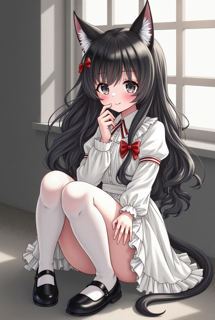 Fluffy black hair girl、White dress shirt with ribbon、Red fluffy skirt、barefoot