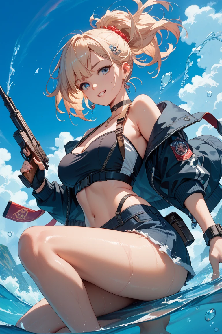 (masterpiece, best quality, highres, absurdres, ultra-detailed:1.2), ((1girl, solo, noel vermillion, beret, blone hair, green eyes, short dress, detached sleeves, necktie, short hair, leather thighhighs)), (holding heavy gatling gun), (stone floor, pillars, outdoors)<lora:noel vermillion (calamity trigger):0.6>, <lyco:ArsenalLoHa-v1.0:0.4>, <lora:add_detail_v1:0.8>