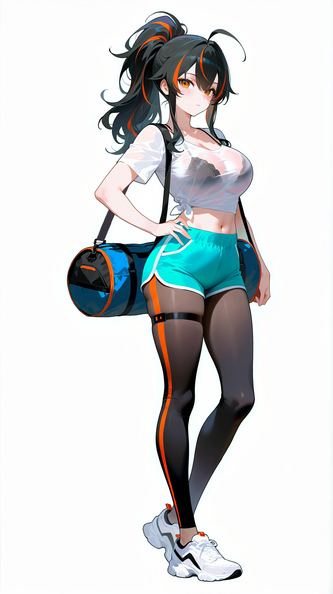 masterpiece, top quality, best quality, official art, beautiful and aesthetic:1.2),(8k, best quality, masterpiece:1.2), (((masterpiece))),(((best quality))),(((extremely detailed))), illustration, who, (masterpiece, top quality, best quality, official art, beautiful and aesthetic:1.2),(8k, best quality, masterpiece:1.2), zhu-yuan, black hair,streaked hair, orange eyes, long hair, ponytail, 1girl, solo, breasts, shorts, streaked hair, multicolored hair, black hair, navel, shirt, midriff, full body, leggings, white shirt, shoes, white background, bag, looking at viewer, ponytail, simple background, short sleeves, crop top, stomach, standing, large breasts, orange eyes, sneakers, blue shorts, hand on own hip, white footwear, ahoge, cleavage, short shorts, orange hair, pantyhose, collarbone, tied shirt, red hair, black leggings, duffel bag, thigh strap, long hair, black pantyhose, black bra, bra, bra visible through clothes