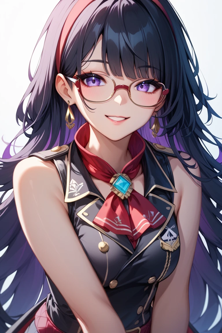 (masterpiece), best quality, expressive eyes, perfect face, 1girl, solo, ishtar, ishtar fate, purple eyes, eye glasses, black hair, gold hair ribbon, long hair, twintails hair, ribbon, Red Jacket with White Shirt, jewelry neck, city background, upper body, portrait, looking at viewer, face blushing, medium breast, close up face, pampered pose