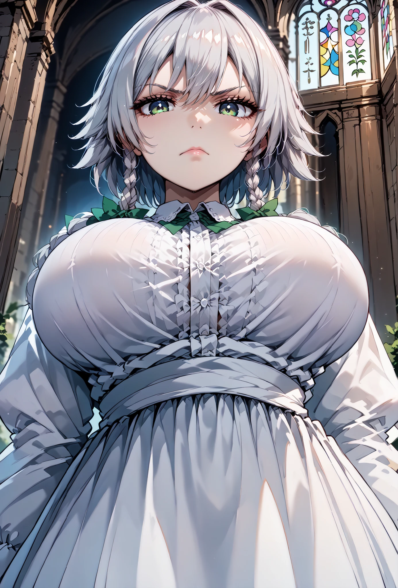 score_9, score_8_up, score_7_up, source_anime, 4K,perfect fingers,(perfect hands, perfect anatomy),prefect lighting, very aesthetic, intricate details,highly detailed background, masterpiece, high quality, best quality,
1girl,solo, izayoi_sakuya,silver hair, twin_braids ,((Large Breast:1.5)),
wearing ((long white dress, )) ,,
((underbreasts close up:1.2)), low angle, bust focus, face obscured breasts, look down,(disgust expression,narrowed eyes),look at viewer,