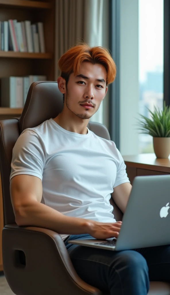 A young Malay man totally naked working in the office in Malaysia.