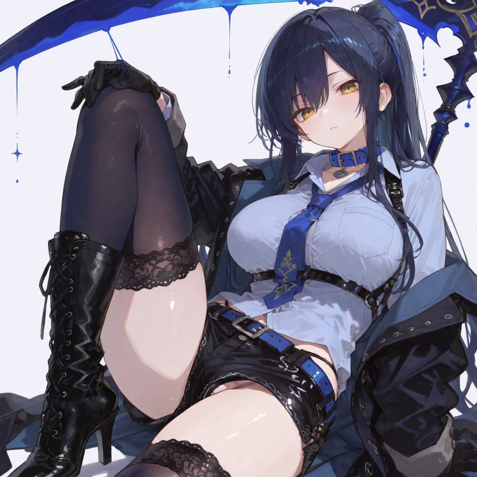 ((Highest quality)), ((masterpiece)), ((detailed)), (4K),1woman, 独奏, crop top, darkblue hair, pink eyes, medium breasts, bikesuit, choker, bracelet, (rain), ((wet)), see through, evil grin, jagged teeth, (from below), (looking down), looking at viewer, (spread legs), town