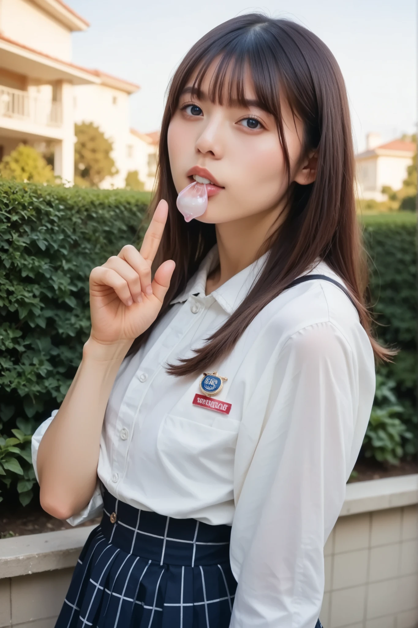 Score_9, Score_8_up, Score_7_up, rating_safe, realistic, photo realistic, masterpiece, best quality, intricate details, sharp focus, solo, 1girl, a young Japanese woman standing (blouse, skirt), (used condom in mouth, index finger pointing at the condom), portrait, view from front, detailed face, detailed eyes, sophisticated nose, pale skin, skin details, detailed hands, detailed fingers, anatomically correct proportion, outdoors, home, backyard, sunny,