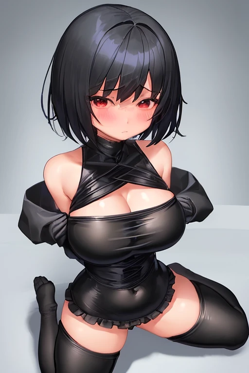 Masterpiece, highres, high Quality, detailed face, detailed body render, 1girl, solo, 2B-outfit, large breasts, big breast, sleeveless shirt, fishnet top, dark lips, unzipped jacket, no bra, breasts out, nipple, standing, blushes, (on bedroom)