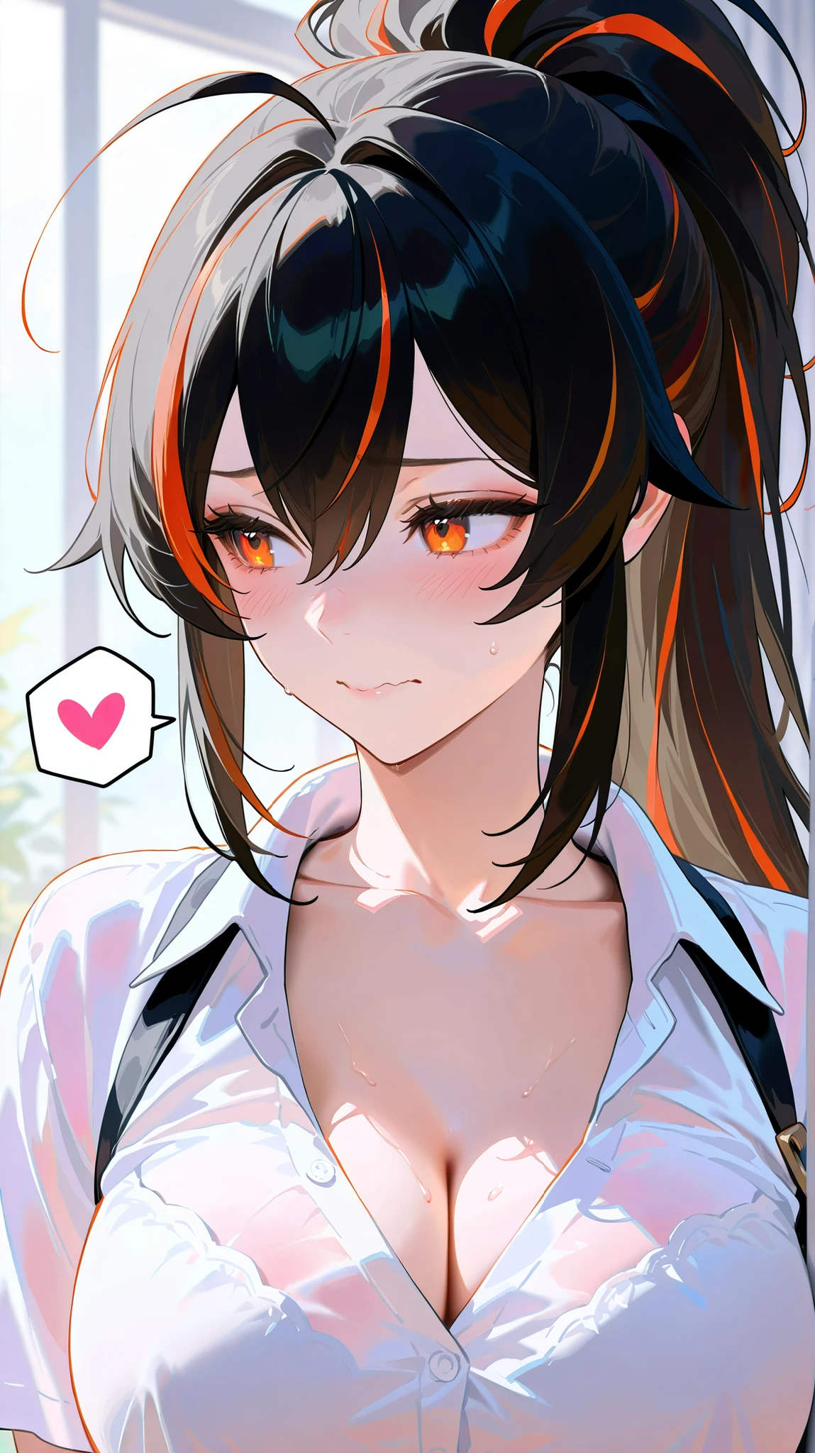 masterpiece, top quality, best quality, official art, beautiful and aesthetic:1.2),(8k, best quality, masterpiece:1.2), (((masterpiece))),(((best quality))),(((extremely detailed))), illustration, who, (masterpiece, top quality, best quality, official art, beautiful and aesthetic:1.2),(8k, best quality, masterpiece:1.2), zhu-yuan, black hair,streaked hair, orange eyes, long hair, ponytail, 1girl, multicolored hair, black hair, shirt, blush, solo, breasts, white shirt, heart, long hair, streaked hair, cleavage, red eyes, spoken heart, orange hair, collarbone, upper body, ahoge, collared shirt, red hair, closed mouth, hair between eyes, looking to the side, wavy mouth, embarrassed