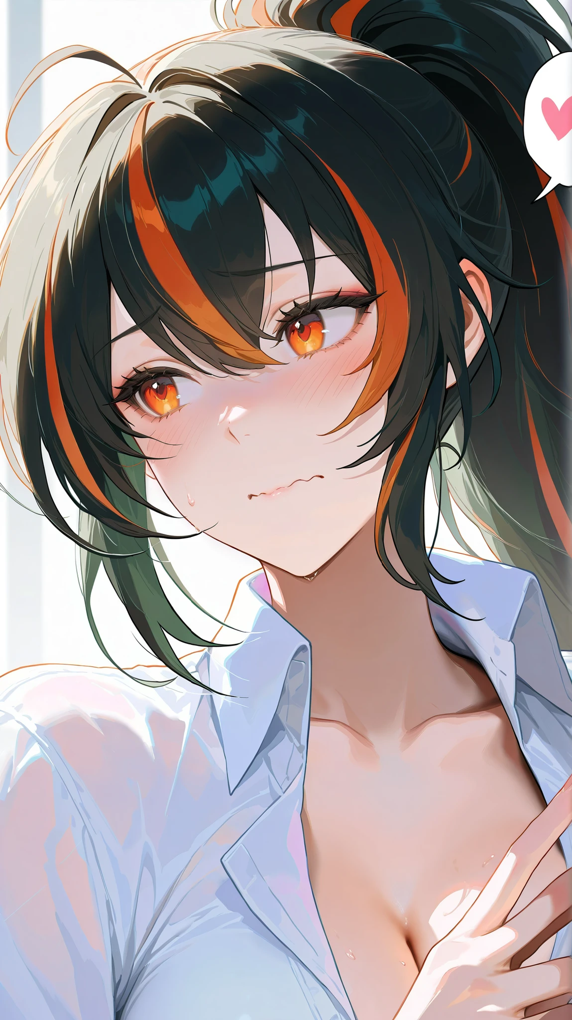 masterpiece, top quality, best quality, official art, beautiful and aesthetic:1.2),(8k, best quality, masterpiece:1.2), (((masterpiece))),(((best quality))),(((extremely detailed))), illustration, who, (masterpiece, top quality, best quality, official art, beautiful and aesthetic:1.2),(8k, best quality, masterpiece:1.2), zhu-yuan, black hair,streaked hair, orange eyes, long hair, ponytail, 1girl, multicolored hair, black hair, shirt, blush, solo, breasts, white shirt, heart, long hair, streaked hair, cleavage, red eyes, spoken heart, orange hair, collarbone, upper body, ahoge, collared shirt, red hair, closed mouth, hair between eyes, looking to the side, wavy mouth, embarrassed