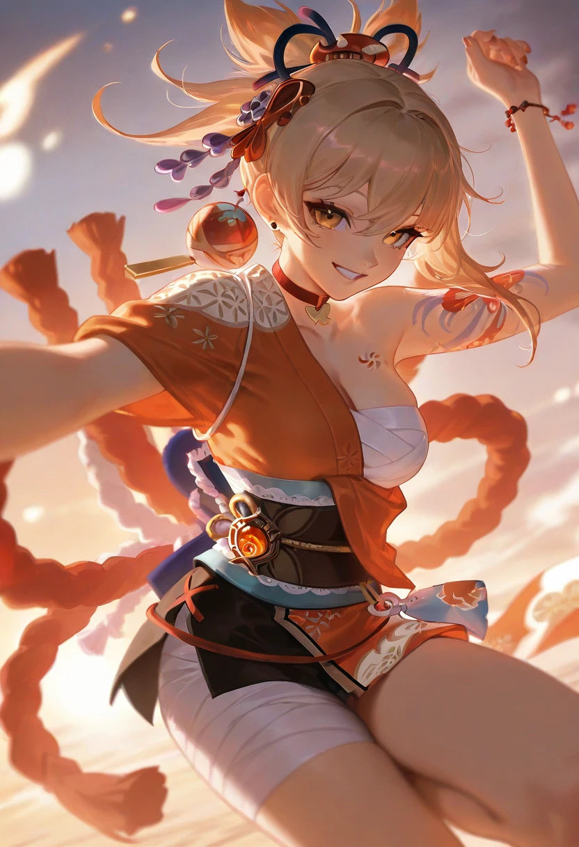 yoimiya,yoimiya,arm tattoo,choker,hair ornament,light brown hair,long hair,(orange eyes:1.5),red choker,sidelocks,open mouth,smile BREAK arm tattoo,bandaged arm,bandaged leg,bandages,bracelet,chest sarashi,chest tattoo,cleavage,collarbone,fingerless gloves,fish tattoo,gloves,hadanugi dousa,japanese clothes,jewelry,kimono,kinchaku,obi,orange kimono,rope,sarashi,sash,shimenawa,single fingerless glove,tattoo,vision (genshin impact),wide sleeves BREAK outdoors,night,fireworks,festival BREAK looking at viewer,(cowboy shot:1.5) BREAK (masterpiece:1.2),best quality,high resolution,unity 8k wallpaper,(illustration:0.8),(beautiful detailed eyes:1.6),extremely detailed face,perfect lighting,extremely detailed CG,(perfect hands, perfect anatomy),<lora:yoimiya-lora-nochekaiser:1>,