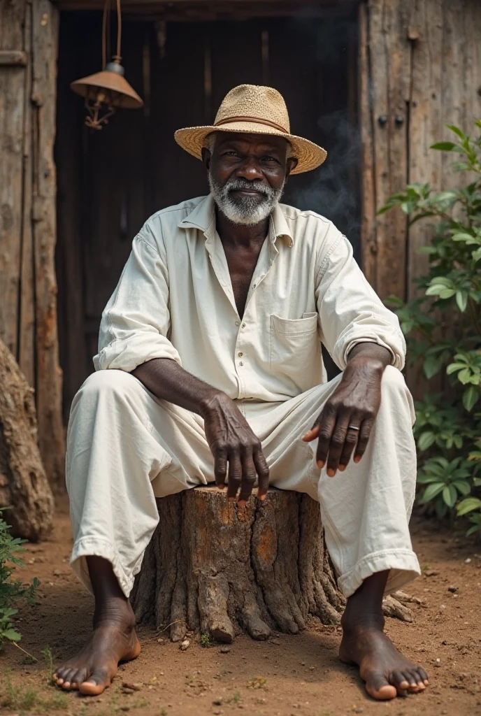 Elderly black man with straw hat, white short pants, White cotton shirt and pipe sitting on an ultra realistic trunk