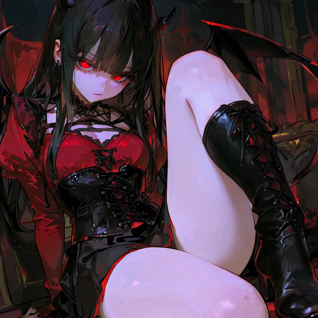 Girl,(succubus),wings,horn,seductive.long eyelashes,black hair,chocker,red eye,provocative outfit,show alot of skin,long nails,(full body)