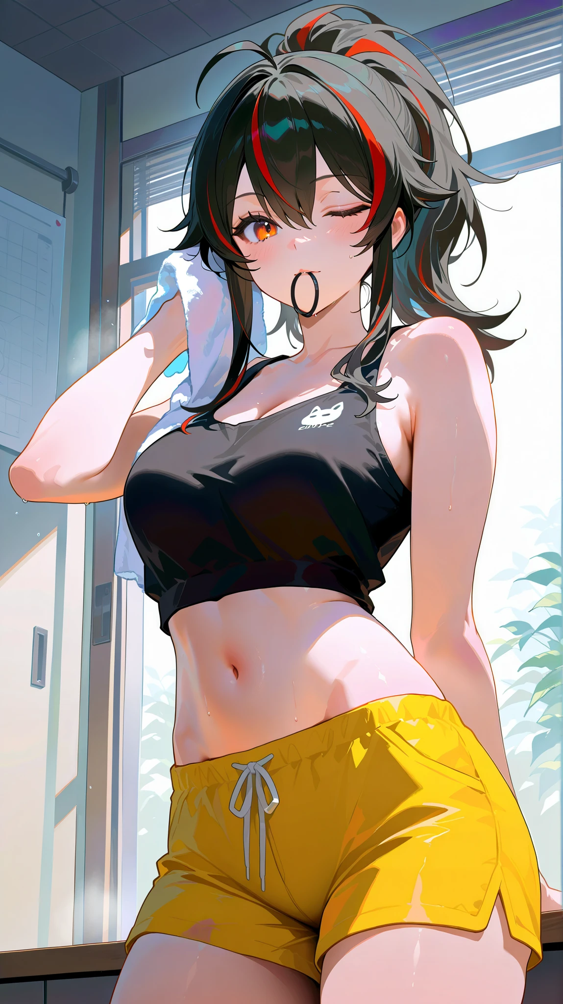 masterpiece, top quality, best quality, official art, beautiful and aesthetic:1.2),(8k, best quality, masterpiece:1.2), (((masterpiece))),(((best quality))),(((extremely detailed))), illustration, who, (masterpiece, top quality, best quality, official art, beautiful and aesthetic:1.2),(8k, best quality, masterpiece:1.2), zhu-yuan, black hair,streaked hair, orange eyes, long hair, ponytail, 1girl, solo, navel, multicolored hair, one eye closed, streaked hair, towel, shorts, ahoge, black hair, breasts, mouth hold, midriff, crop top, red hair, orange eyes, indoors, stomach, groin, virtual youtuber, yellow shorts, black shirt, shirt, cowboy shot, window, tank top, red eyes, hair tie in mouth, looking at viewer, sleeveless, bare arms, long hair, black tank top, medium breasts, after bathing, bare shoulders, sleeveless shirt, hair between eyes, short shorts, white background