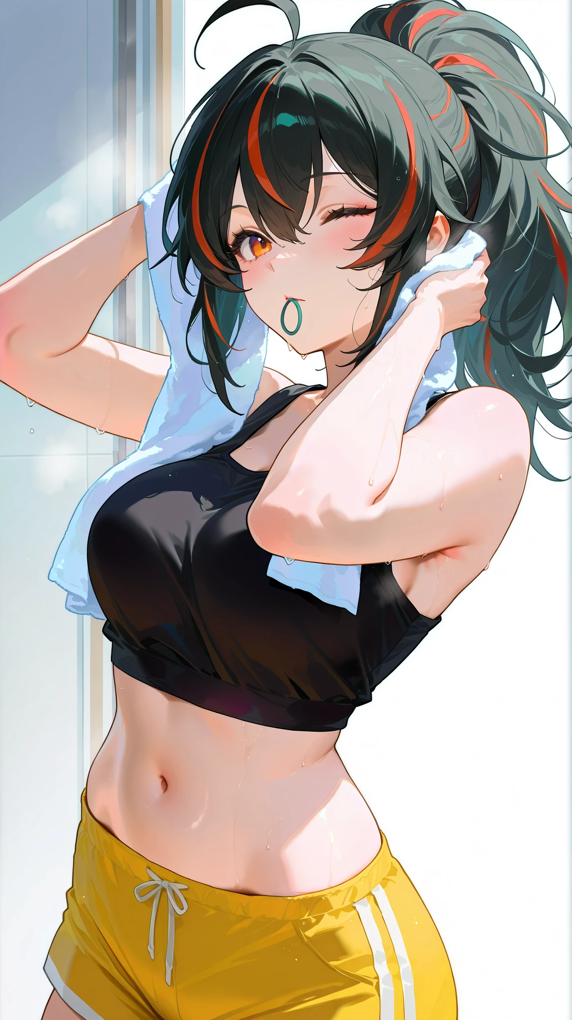 masterpiece, top quality, best quality, official art, beautiful and aesthetic:1.2),(8k, best quality, masterpiece:1.2), (((masterpiece))),(((best quality))),(((extremely detailed))), illustration, who, (masterpiece, top quality, best quality, official art, beautiful and aesthetic:1.2),(8k, best quality, masterpiece:1.2), zhu-yuan, black hair,streaked hair, orange eyes, long hair, ponytail, 1girl, solo, navel, colorful hair, one eye closed, striped hair, towel, shorts, ahoge, black hair, breasts, mouth guard, litter, crop top, red hair, orange eyes, belly, crotch, virtual youtuber, yellow shorts, black t-shirt, shirt, cowboy shot, tank top, red eyes, hair tie in mouth, looking at viewer, sleeveless, bare arms, long hair, black tank top, medium breasts, after shower, bare shoulders, sleeveless shirt, hair between the eyes, shorts, white background