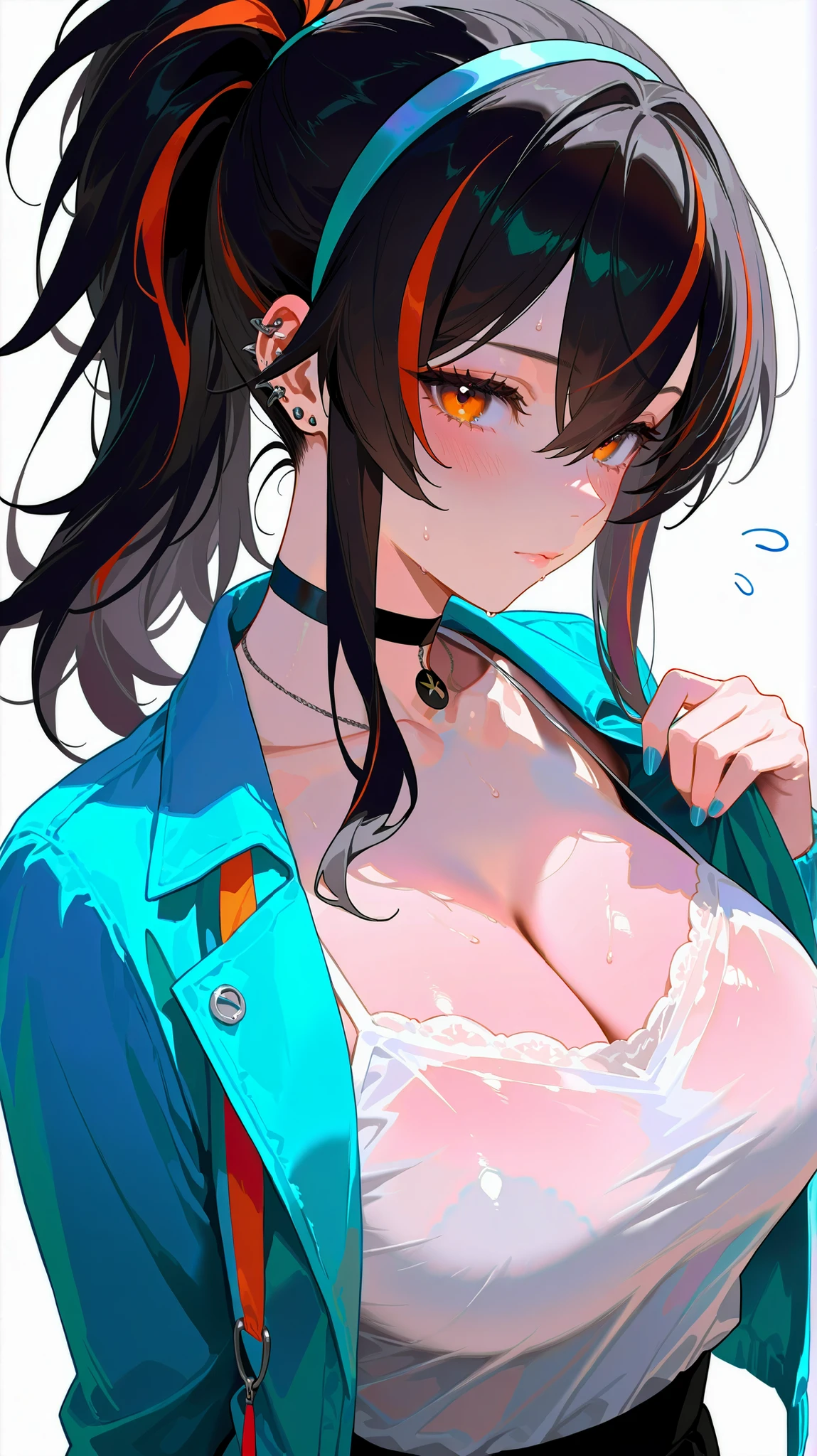 masterpiece, top quality, best quality, official art, beautiful and aesthetic:1.2),(8k, best quality, masterpiece:1.2), (((masterpiece))),(((best quality))),(((extremely detailed))), illustration, who, (masterpiece, top quality, best quality, official art, beautiful and aesthetic:1.2),(8k, best quality, masterpiece:1.2), zhu-yuan, black hair,streaked hair, orange eyes, long hair, ponytail, 1girl, breasts, solo, hair band, choker, big breasts, long hair, jacket, white background, black hair tie, looking at viewer, upper body, simple background, blush, collarbone, closed mouth, hair between eyes, piercing, jewellery, blue jacket, lingerie, shirt, open clothes, pierced ears, camisole, long sleeves, open jacket, sweat flies, white shirt, black necklace, blue nails
