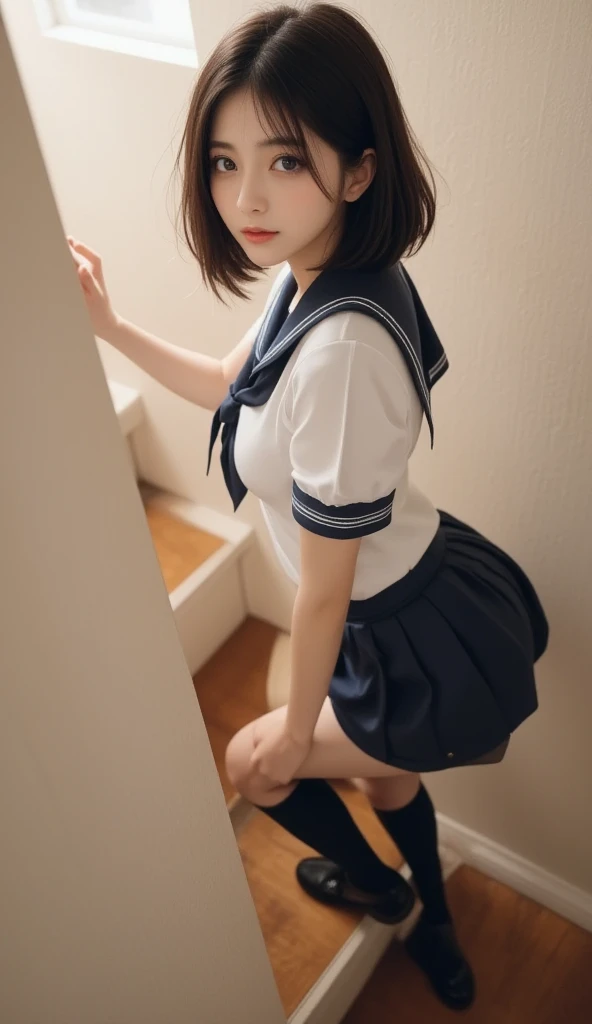 grasp、、(High school girl in short sailor suit with short sleeves)、((Realistic 12 year old little face girl who is very short in stature))、、Square sailor collar with ribbon、High twin tails、drooping bangs、Grabbing your butt on the bus、Curled-up dark blue pleated skirt、a beauty girl１a person、((Japan man in front grabs schoolgirl buttocks))、(((molesting)))、((Japan man grabs her bust head-on))、red blush、(sexual act、erotick)、(((Skirt flipped up)))、((Show off very erotic panties))、high-level image quality、realisitic、(((agony、angry expressions)))、(Naked)、
