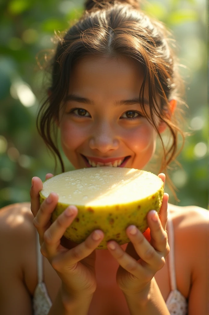 (RAW photo :1.2), (verisimilitude :1.4), (wall), Asian man, banana in hand, posing at screen with smile, very detailed eyes and face, huge file size, Super Detailed, High resolution, Very Detailed, best quality, Masterpiece, 8k, Amazing, fine detail, soft lighting, (in back)