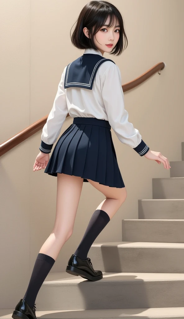 1girl, Cute, black-haired, 14 years old, Smile, Looks pure, Sailor Suit, Photography, Realistic, Best Quality, Detailed face, Full body, slender, Slender legs, Long legs, Wearing thigh-high socks, shoes on, station platform,