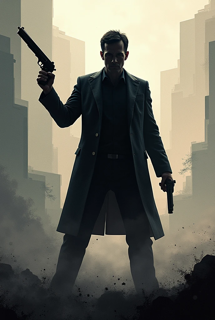 Highest quality, movie quality, scene on the verge of death, ruins, smoking, blood, coat, man (35 years old, tsuntsun head, black hair, coat in a suit, holding a gun in hand, lying on back), rain, fog