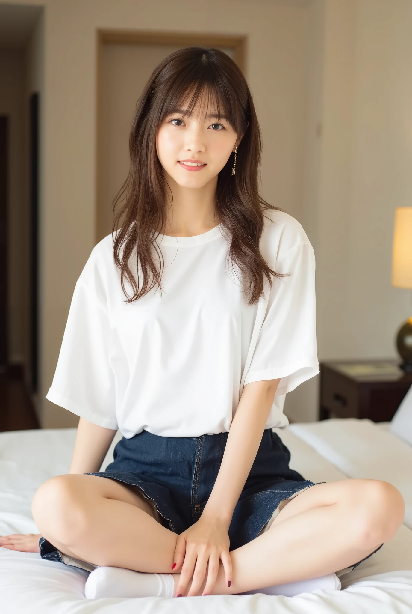 Top quality, 1 beautiful japanese woman Sitting with Knees Up on bed, spread legs