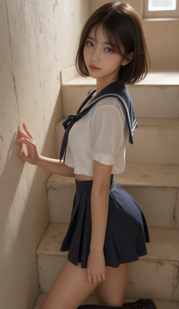 (8K, best quality, masterpiece:1.2), (realistic, photo-realistic:1.37), (high color saturation:1.0), (highly detailed skin), (highest quality:1.0), (ultra high resolution:1.0) ,(realistic:1.0), (Super detailed:1.0), (8K, Raw photo:1.1)、standing random pose, smiling, natural breast, perfect lighting, ((3girls students)), 18years old, (mysterious), clear and detailed, ((school_uniform, Japanese sailor uniform, flared skirt)), (indoor school climb the stairs), surprised face, (white_panties), looking at back viewer, nsfw, low angle photo,