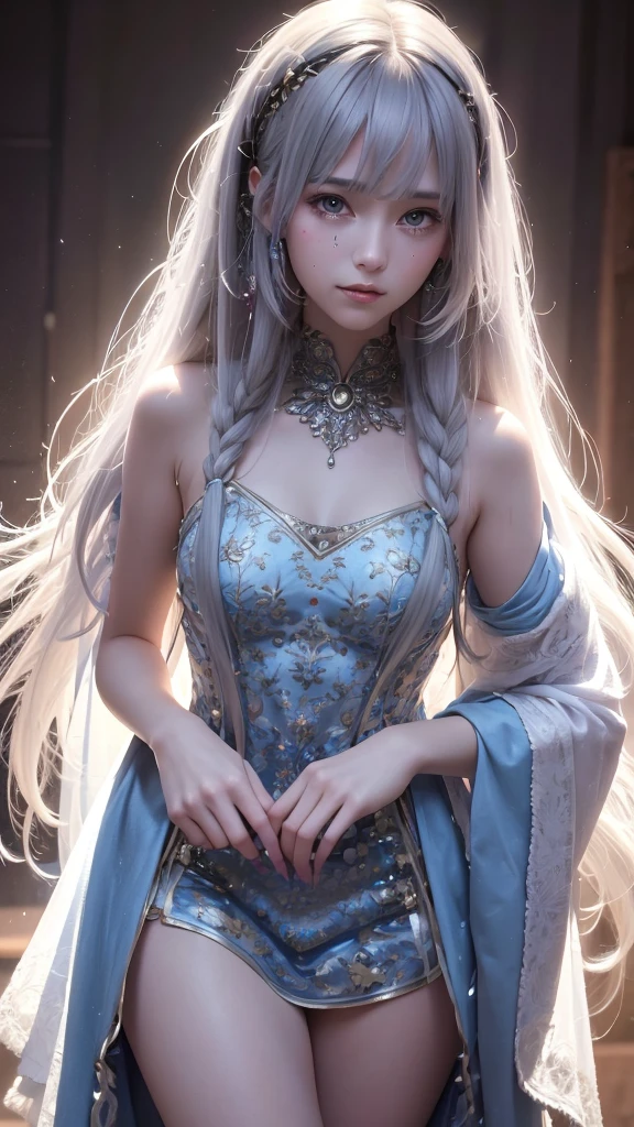 1 người phụ nữ, phong cách manhua, một tóc trắng và một tóc xanh dương nhạt, gương mặt siêu đẹp, nữ thần cổ trang, mặc đồ cổ trang màu đen, ngực cực kỳ lớn, eo nhỏ, mông to, chân dài nhìn thẳng, vẽ toàn thân.
