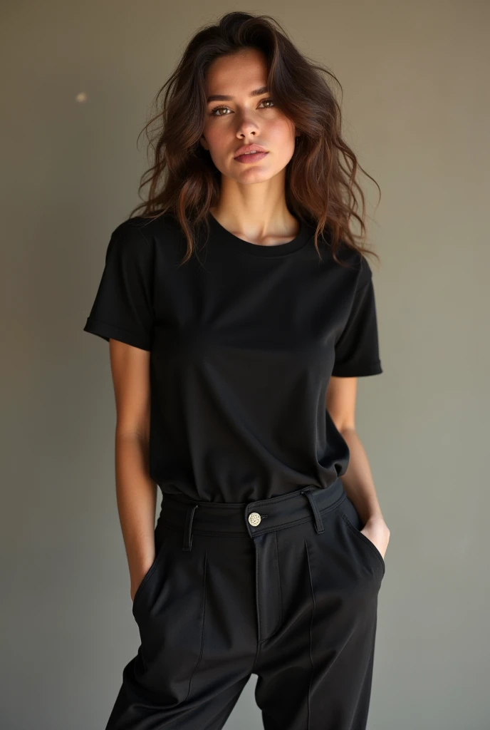 a woman in a (((camiseta T-shirt preta and black skirt))) posing for a picture, camiseta preta, vestindo camiseta preta, casual roupa preta, camisa preta, wearing a Camiseta preta, vestindo uma camiseta preta, camiseta preta, Camiseta preta, wearing a camisa preta, roupa preta, Roupas pretas, wearing in Roupas pretas, roupas pretas grandes, Top preto