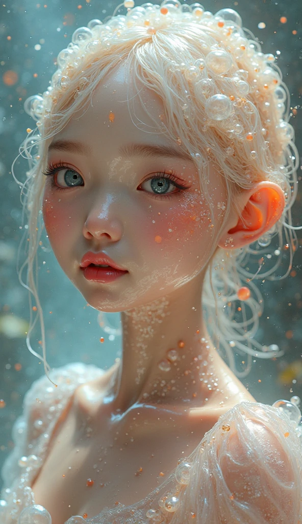 (Masterpiece, Best quality, Ultra-detailed, Best Illustration:1.3), 1girll, (Slime girl:1.4), (Transparent:1.3), (See-through:1.4),Sitting, ,No clothing,(refractions,Reflection:1.2) , transparent face, Transparent body, Transparent skin, sunshine day,water blue,Spring water background
