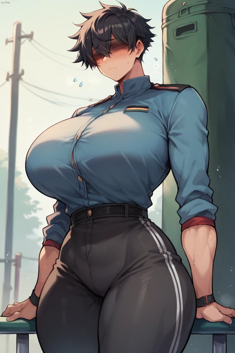(1girl), ((massive female bodybuilder)) ((((huge breasts)))) (NSFW:1.6) black hair, extremely long hair, yellow eyes, ((muscular)), huge breasts, thick thighs, solo, angry, (pale skin), cowboy shot, (school uniform) best quality best quality best quality