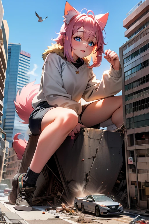 Anime style、1 girl in、cuerpo completo Esbian、Mostrar las sonrisas、{peinado en:(cabello rosado)、(Longhaire),(Pelo de antena),(de doble cola)}、ojos rosados、sudadera con capucha rosa、Pendientes de cuatro hojas、Minifalda rosa、black pantyhose, Calcetines altos blancos、para estar de piepink sneakers、Frontal composition