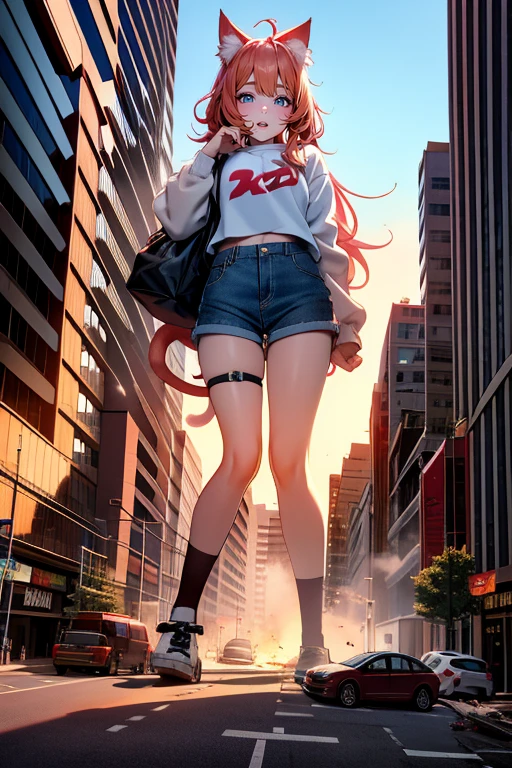 (Close-up:1.3),Realistic,Highest quality, Ultra Detail, High-quality CG rendering, The most delicate and beautiful, Floating softly, High resolution, (1 girl), (Highest quality,4K,8K,masterpiece:1.2),(All red hair:1.5), (ponytail:1.5),(Red eyes:1.5),(Slightly larger breasts:1.2), (White oversized long sleeve T-shirt:1.3),(Black skinny pants:1.3),(Pure black cap:1.3),In the city,old buildings,(whole body:1.3),(White sneakers:1.2),(Turn your back to your audience:1.3),Butt,Are standing,(Small shoulder bag:1.3)