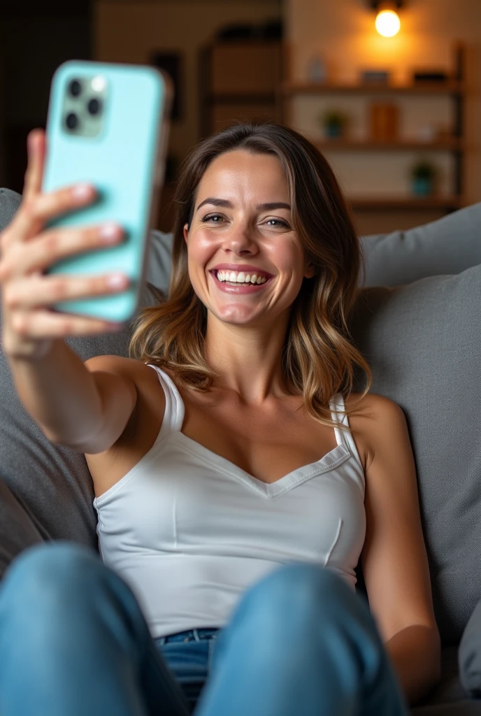 Woman taking a selfie on the couch