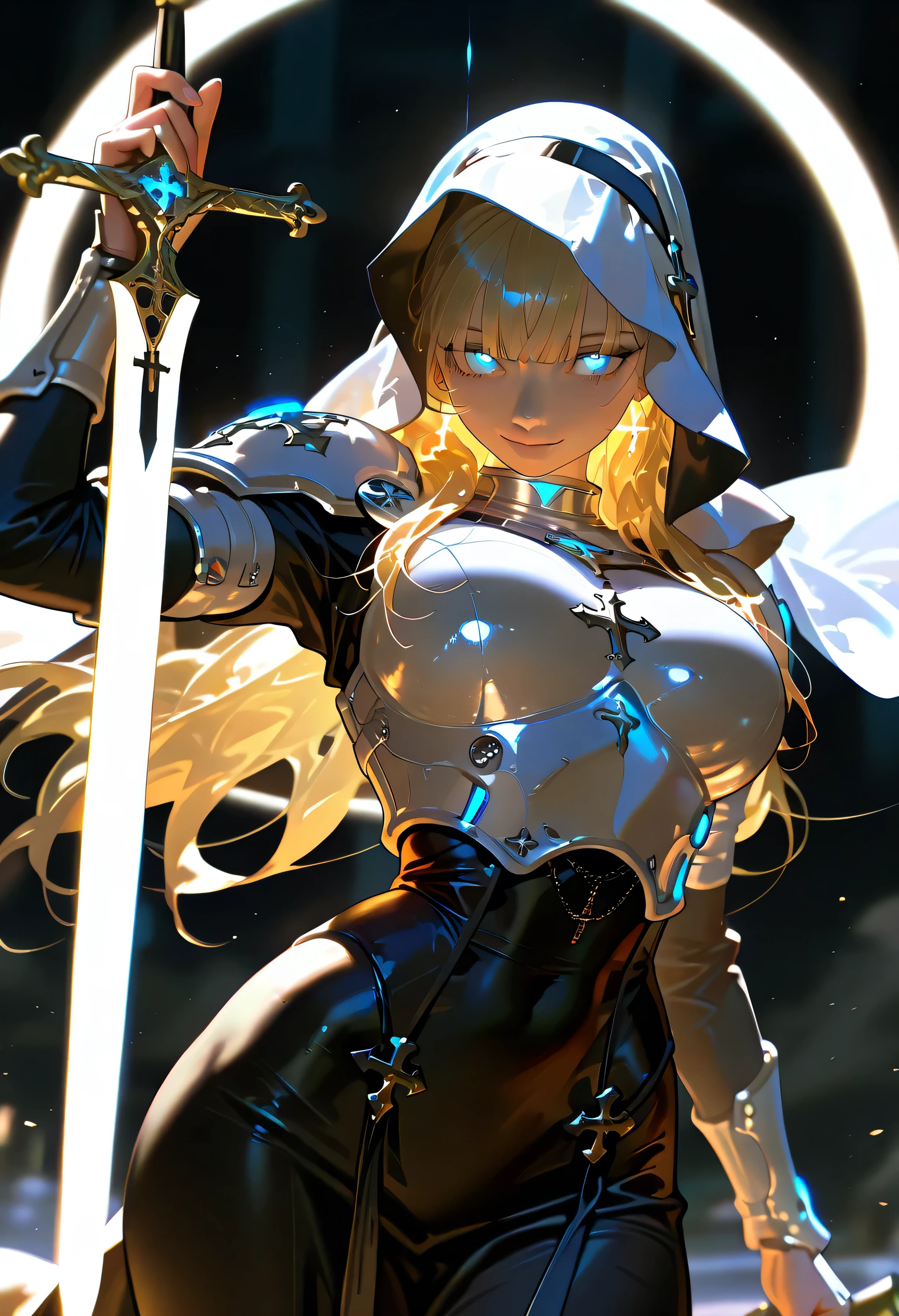 masterpiece, high quality, 4K HD, very aesthetic, 1 girl, blonde, long hair, nun, big breasts, smile, dark background, photorealistic, free pose, blue glowing eyes, front bangs, (slim waist), wide hips, white-black habit, sword, white armor