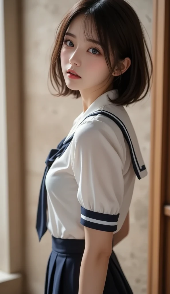 (1 nogizaka girl,15years old face,raw photo,photo realistic:1.5),(best quality, high quality,HDR, highest quality,ultra high resolution,high resolution,high res,ultra high difinition,huge file size,8K,2K wallpaper,8K wallpaper,high quality texture,amazing,an extremely delicate:1.4),one girl, Japanese famous idol,cute face,small face,absurd,ridiculous,incredibly ridiculous,blurry background,(school uniform,sailor suit,short hair,cleavage,no makeup:1.2),medium skin,beautiful skin,detailed skin,black hair,silky hair,black eyes,Japanese nose,5-fingers,(Light Particles, Lens Flare, Luminous Particles: 0.7),looking at viewer,small hands,bright lighting,professional lighting,girl