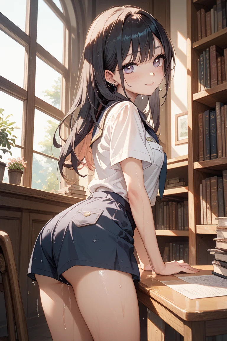 very cute and beautiful girl,(highly detailed beautiful face and eyes),
(smile:1.2),serafuku,navy blue pleated mini skirt,
(looking back,from behind),leaning forward,from below,(white panties),
antique living room,many kind of curio items,books,closet,dusty shelf,
black hair,looking at viewer,
(best quality,masterpiece:1.0),absurdres,highres,ultra-detailed,extremely detailed,32k,8k resolution,
intricate details,cinematic scene,detailed background,solo,dynamic angle,
hair fluttering in the wind,beautiful detailed sky,