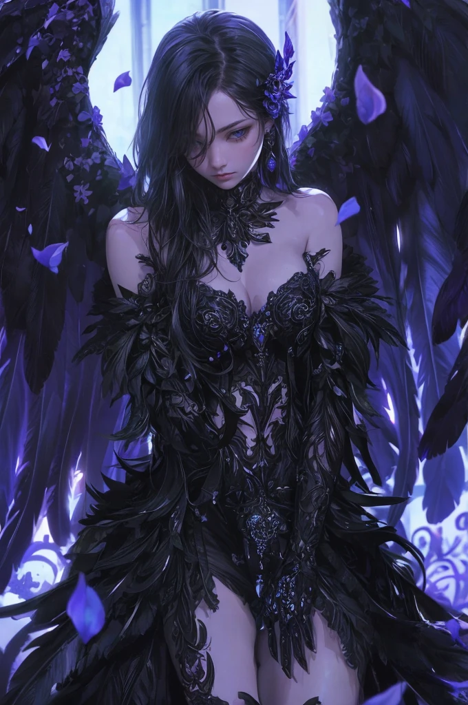Beautiful flower witch, Futuristic Gothic style, Highly detailed face and body, Anime Style, Realistic, Cinema Lighting, Intricate floral pattern, Mysterious Wings, Dramatic Pose, Moody color palette, Volumetric Light Effects, Ultra-realistic textures, Flamboyant Gothic architecture, Amazing digital art