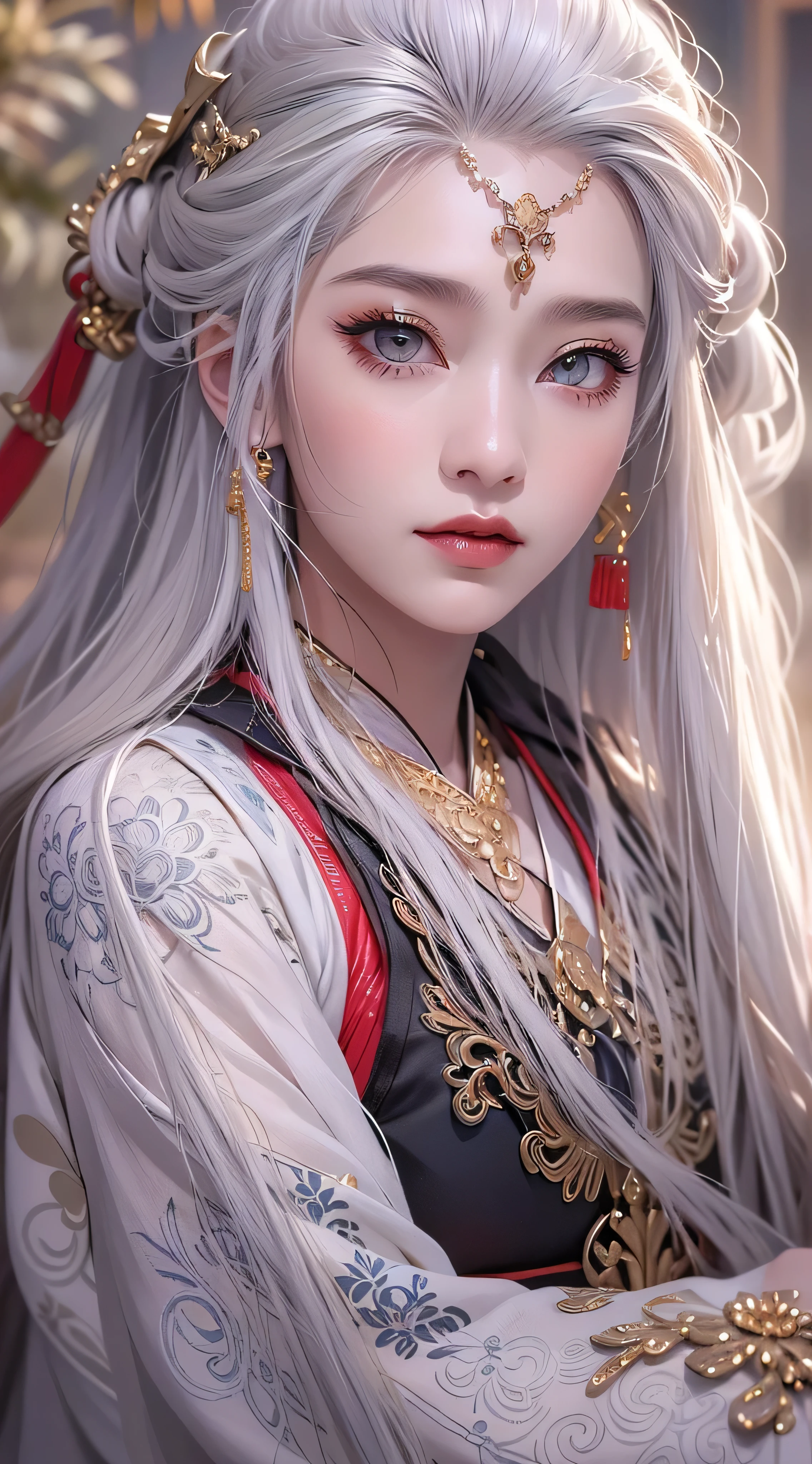 photorealistic, high resolution, Female 1, hip up, hip up, Beautiful Eyes, long hair, puffy eyes, jewelry, Tattoo, Hanfu, Chinese generals , white hair