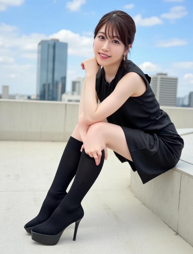 4K、LDR、beste Quality、巨作、high-detail、ultra-highres、digital photography、bangs bangs、Film lighting、(FUJIFILM Color:1.2)portlate、wide angle view、professional、(a photo:1.2)、(dinamic pose:1.1)、(close up front)、a 1 girl、独奏、Smiling a little、delicate faces、mid breasts、Broad Hips、(FSB:1.4)、(Frosuke:1.4)、white shirts、((BREAK Black Bra))、ribbons、Navy blue pleated skirt、 shcool uniform, Half-sleeved, bangs bangs, al fresco, deserted, shirt with collars, collar bone, blured background, Look to the side, deserted, dress shirts, blue skies, the clouds、Double eyelidd、Brown hair、Bob Hair、Sareme、slim、a whole body、Detailed fingertips、One lady、独奏、Dressing、beauty legs、Dressing