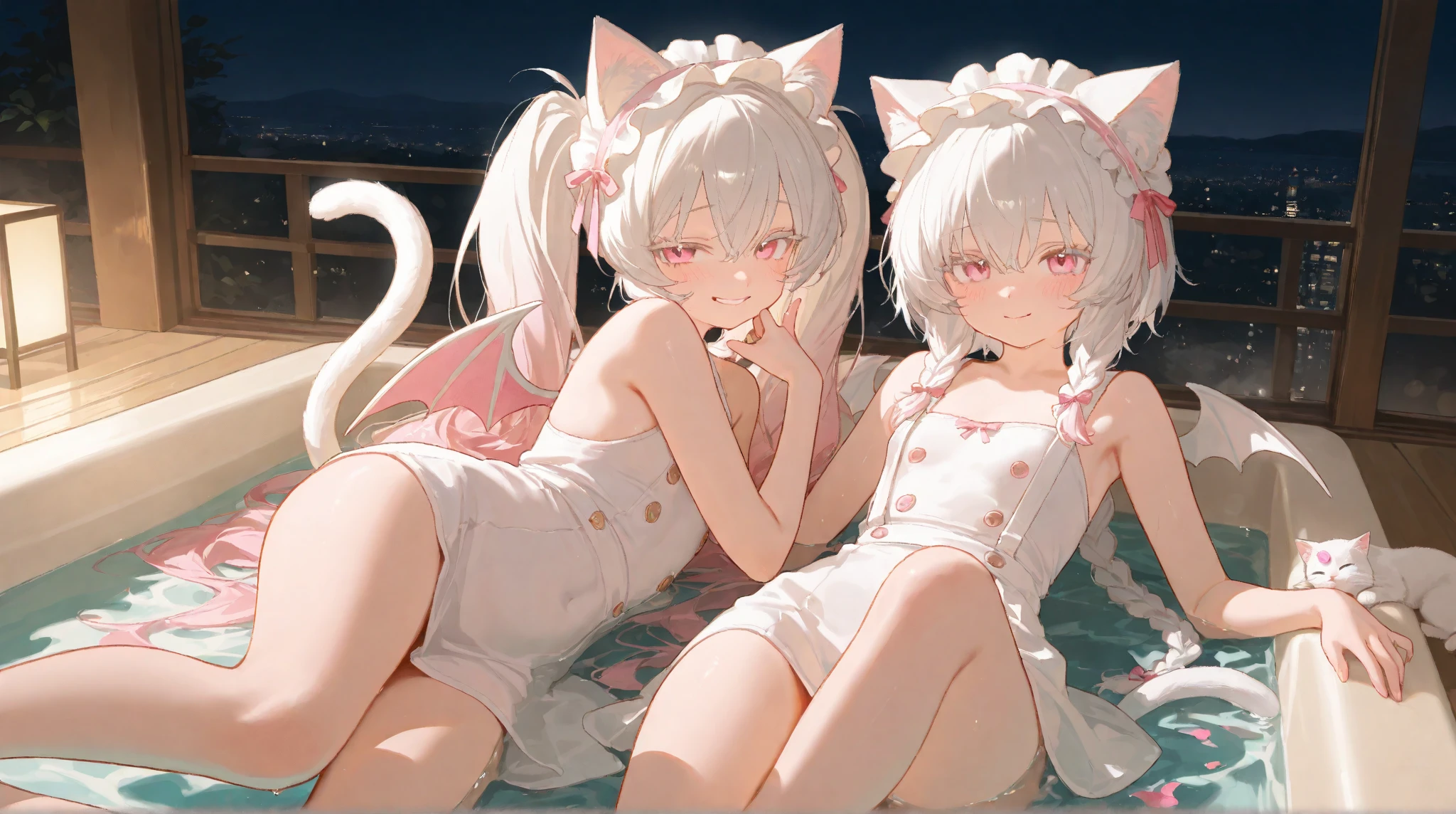 best quality,best resolution,(fluffy anthro furry :1.6),white cat girl flower bathing with black cat girl,medium breasts,long hair,wavy hair,flowers around girls,gold light,huge flower bathing pool,beautiful bathroom,looking at viewer,full face blush,lesbians,heart eyes,heart expression eyes,kissing