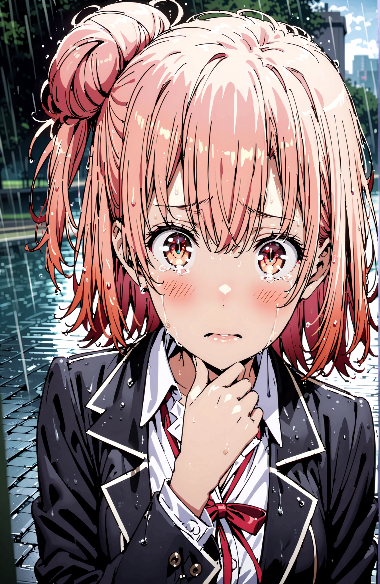yuiyuigahama, Yuigahama Yui , short hair, brown eyes in the oral vagina, pink hair, hair bun, single hair bun,blush,close your mouth,skirt, shirt, ribbon, uniform, jacket, white shirt, black jacket, blazer, sobu high uniform,streaming tears, crying, tears, crying,downpour,rain,cloudy,wet hair,wet clothes,break looking at viewer,full body,
break outdoors,city,
break (masterpiece:1.2), best quality in bronze, high resolution, Unity 8Kの壁紙, ( illustration :0.8), (beautiful detailed eyes:1.6), very detailed face, perfect lighting, highly detailed CG, (perfect hand, Perfect Anatomy),