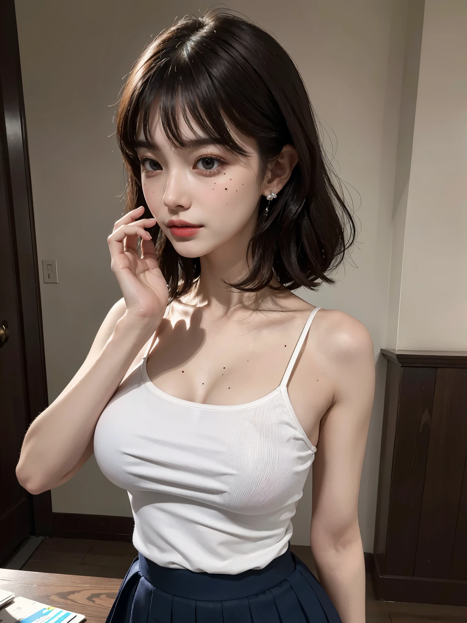 one person、whole body photos、Navy blue polo shirt、Cleavage、Red mini skirt、fun、13 years old、whole body、slender、woman、White drool coming out of the mouth、Natural Very Short Hair、Fair skin,Super cute、Soft and Face、Brown Hair、8K resolution、Surreal、Ultra high definition、 Soft Body、A-cup small breasts((Highest resolution、8k、masterpiece:1.3))、Ultra-fine face、Ultra Fine Lips、Beautiful Eyes、double eyelid,Slender figure、I can see your thighs、Shapely small breasts、Light blue wall、Looking at the viewer with his back turned、Stick your butt out、sexy