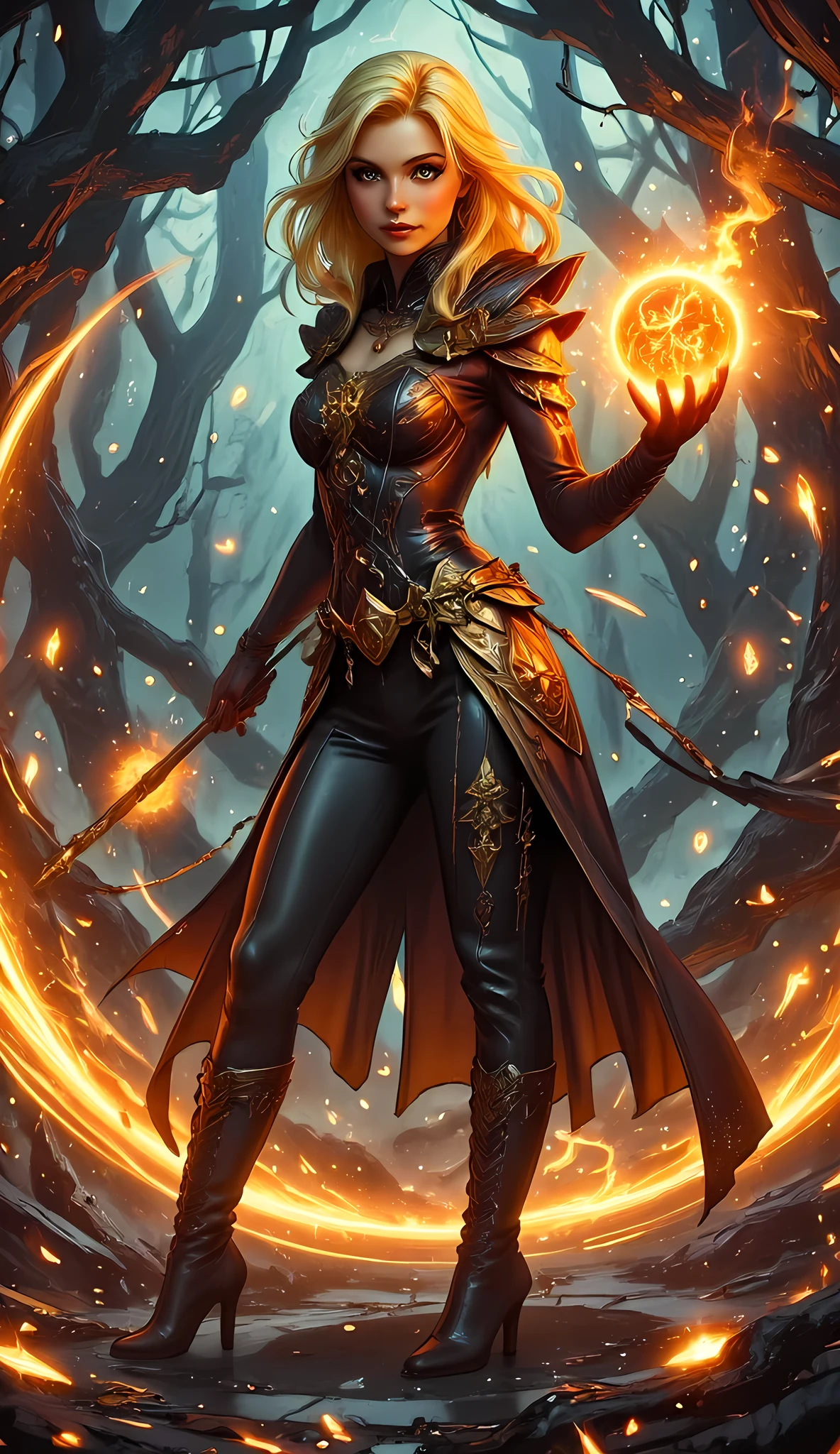 full body picture of olo female druid, intense details facial details, exquisite beauty, cleric of nature female, ((yellow hair: 1.5)), long hair,  (green eyes: 1.3), armed with a fiery staff, red fire, wearing (druid combat vestments: 1.5), wearing high heeled laced boots, wearing an (green cloak:1.3), wearing glowing holy symbol, manipulating fiery runes, fiery enerfy fantasy art, dnd art, RPG art, wide shot, (masterpiece: 1.4) intense details, highly detailed, photorealistic, best quality, highres, within fantasy temple of nature background, there are tree branches, reflection light, high details, best quality, 16k, [ultra detailed], masterpiece, best quality, (extremely detailed), photorealistic, RAW, fantasy art, dnd art, fantasy art, realistic art,((best quality)), ((masterpiece)), (detailed), perfect face, zavy-ctcmcs, firegirlnr