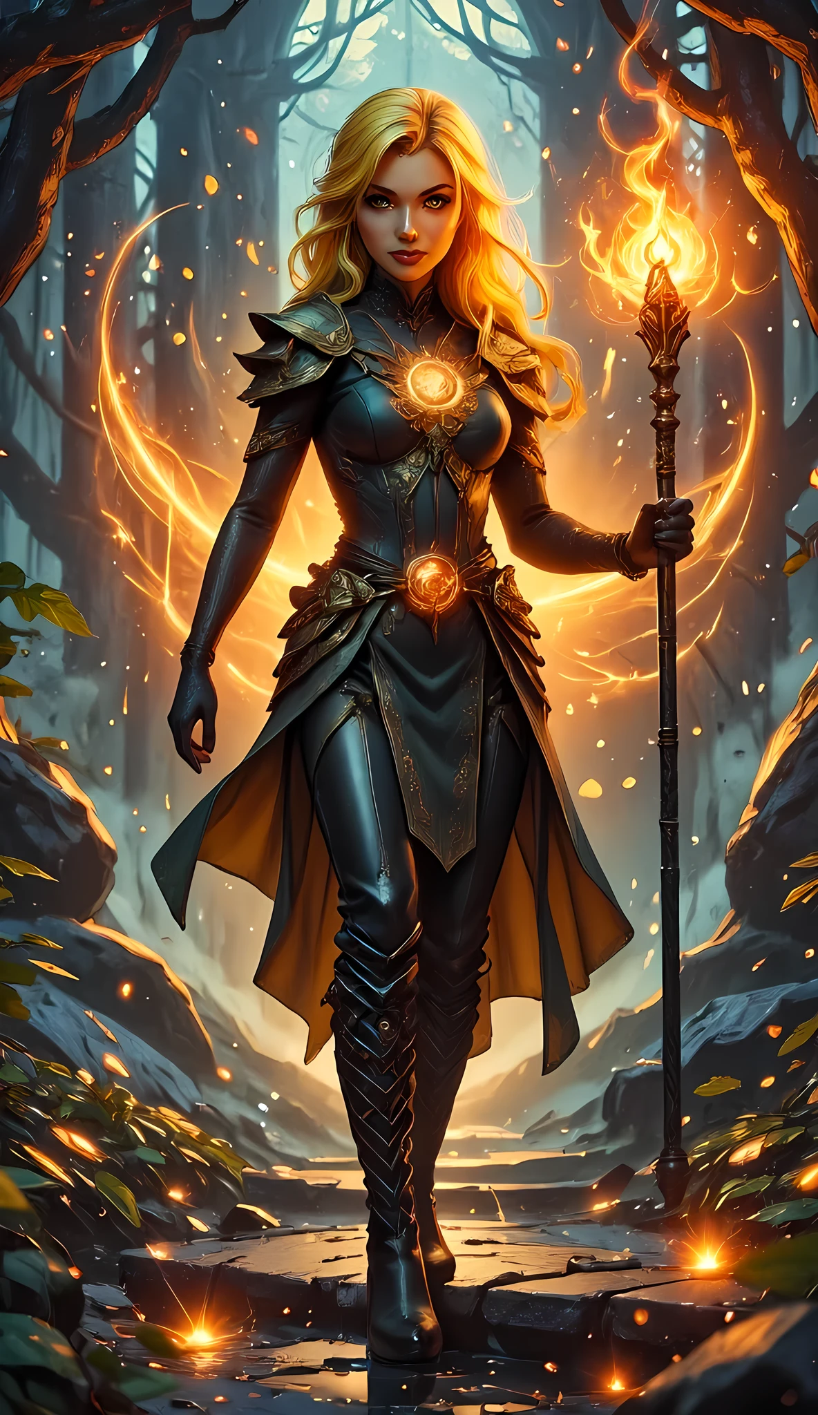 full body picture of olo female druid, intense details facial details, exquisite beauty, cleric of nature female, ((yellow hair: 1.5)), long hair,  (green eyes: 1.3), armed with a fiery staff, red fire, wearing (druid combat vestments: 1.5), wearing high heeled laced boots, wearing an (green cloak:1.3), wearing glowing holy symbol, manipulating fiery runes, fiery enerfy fantasy art, dnd art, RPG art, wide shot, (masterpiece: 1.4) intense details, highly detailed, photorealistic, best quality, highres, within fantasy temple of nature background, there are tree branches, reflection light, high details, best quality, 16k, [ultra detailed], masterpiece, best quality, (extremely detailed), photorealistic, RAW, fantasy art, dnd art, fantasy art, realistic art,((best quality)), ((masterpiece)), (detailed), perfect face, zavy-ctcmcs, firegirlnr