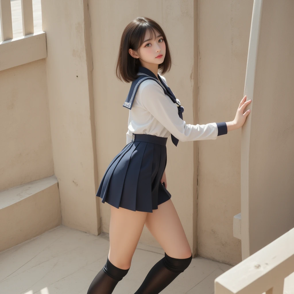 ((highest quality、8k、masterpiece:1.3)),((((fullbody shot)))),Ultra-high resolution,big eyes,Japanese,bangs,(a girl),(1 girl),((20 years old)),((facing at viewer)),(long hair),(((black sailor uniform))),grin,((squatting)),(pleated mini skirt),(((pussy))),((pubic hair)),((skirt lift)),(((black short crew socks)))