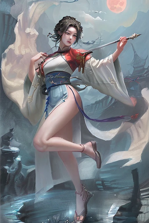 I would like a Japanese woman to create an image of a Japanese god on her back. I want you to pay attention to detail. I'm a professional graphic designer. High quality CG. Full body